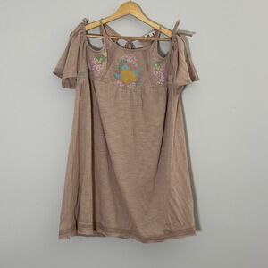 Umgee Boho Floral Embroidered Cold‎ Shoulder Mini Dress Mauve Women's Medium